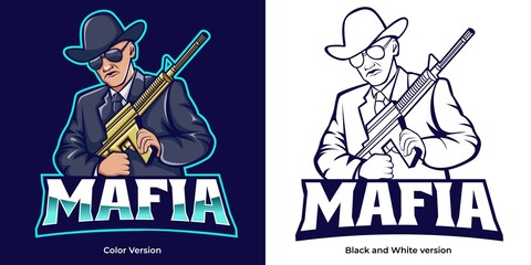 mafia sniper e-sport logo design. illustration of mafia sniper mascot design. editable text emblem design - obrazy, fototapety, plakaty