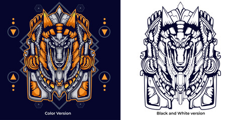 Mecha Anubis illustration with sacred geometry background