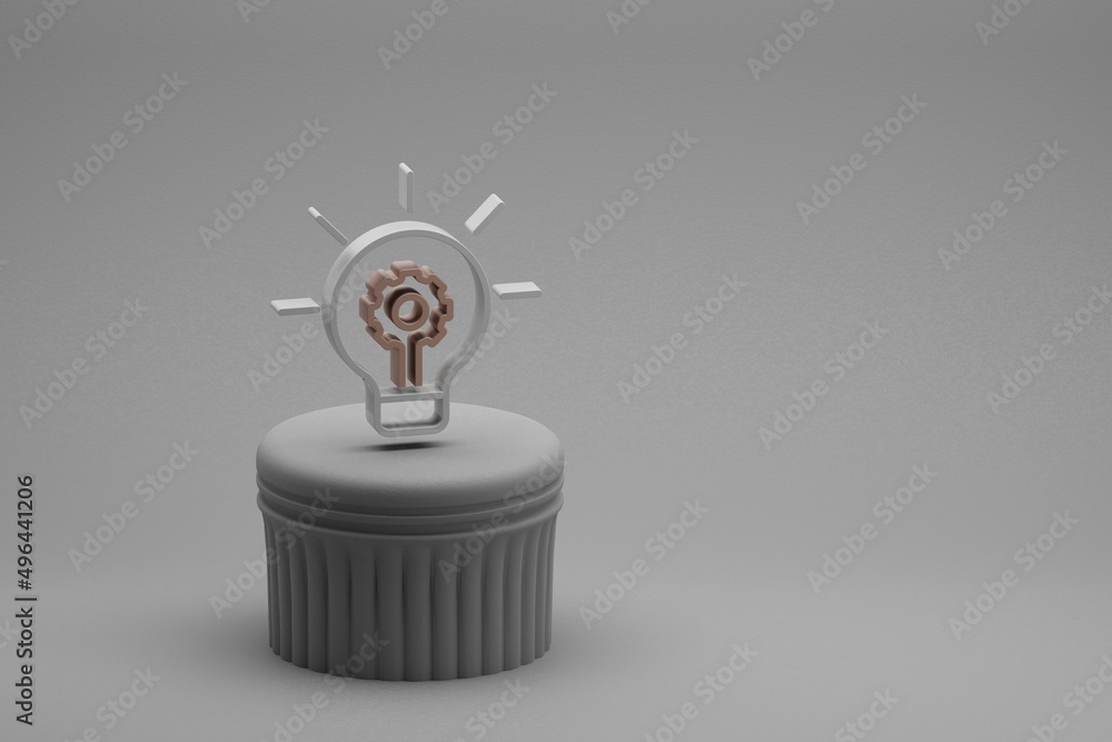 Aufkleber Beautiful abstract illustrations Bulb with Gear symbol icons on a beton column and wonderful background. 3d rendering illustration. Background pattern for design. Seo And Business.