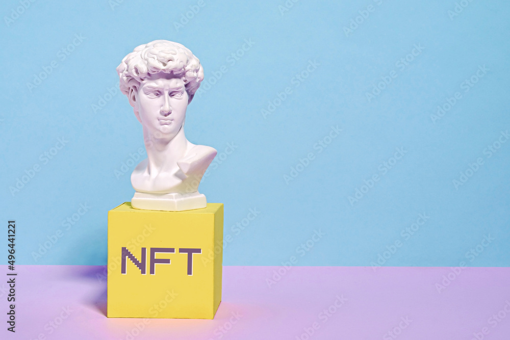Poster nft technology virtual art on the internet transactions blockchain and token and head of roman david