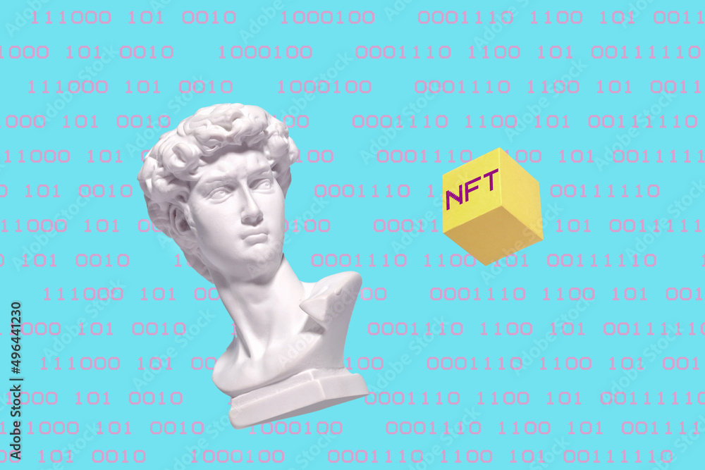 Poster statue of a bust of roman david and cryptocurrency nft and coding. minimal concept of blockchain and
