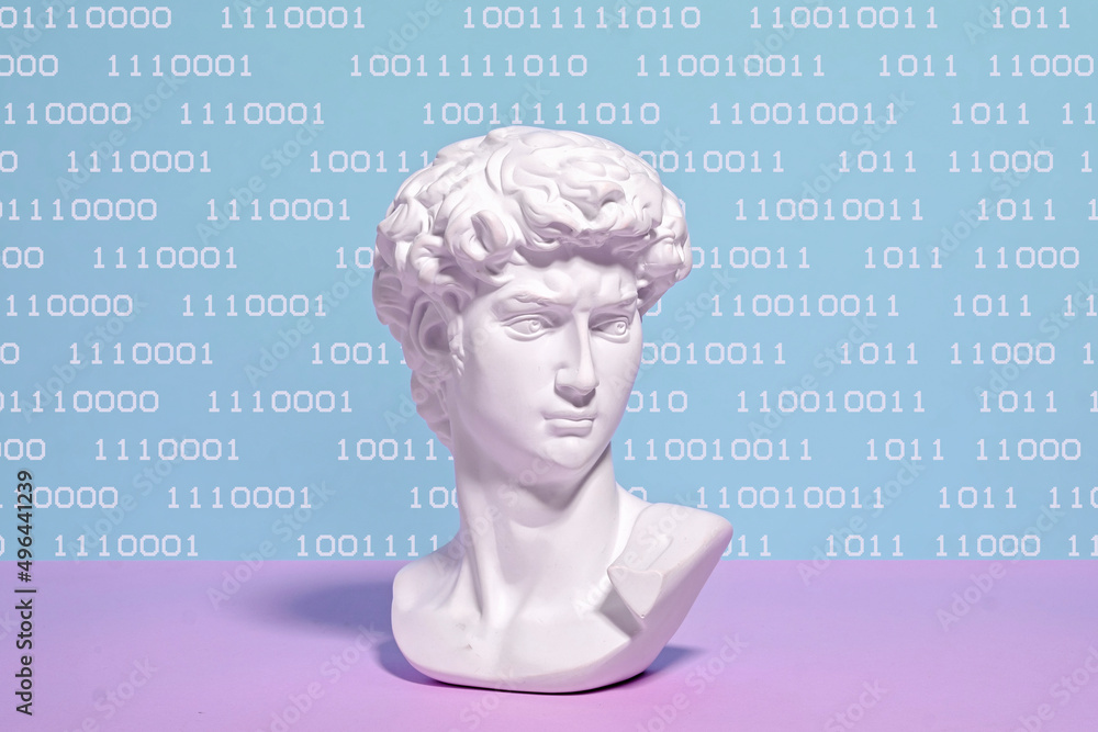 Poster the concept of digital art on the internet code web display and bust of the statue of david in cyber