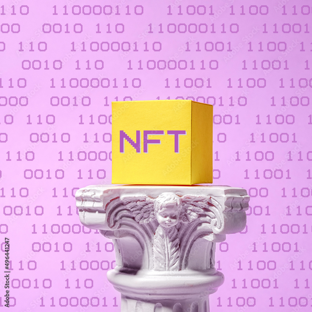 Poster cryptocurrency block blockchain nft art roman column pedestal and digital coding
