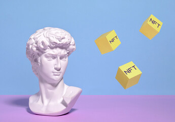 Virtual innovative payments on the Internet cryptocurrency NFT and Roman bust of David