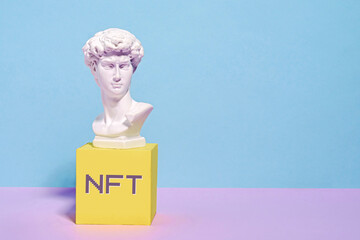 NFT technology virtual art on the internet transactions blockchain and token and head of roman...