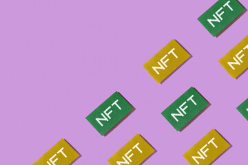 Modern innovations of NFT crypto art blockchain. Pattern with copy space on a purple background..