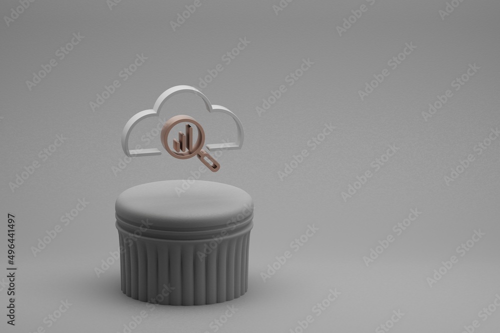 Poster Beautiful abstract illustrations Cloud with Search symbol icons on a beton column and wonderful background. 3d rendering illustration. Background pattern for design. Seo And Business.