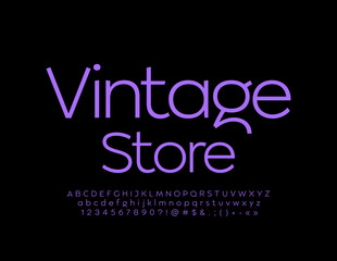 Vector elegant logo Vintage Store. Purple slim Font. Stylish Alphabet Letters, Numbers and Symbols set
