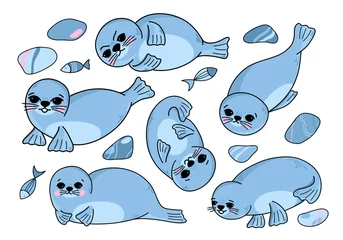 Deurstickers Vector set with cute sea seals, fur seals, funny sea animals in cartoon style. Children's illustration for postcards, posters, pajamas, fabrics, clothes, stickers. © Vasia_illi