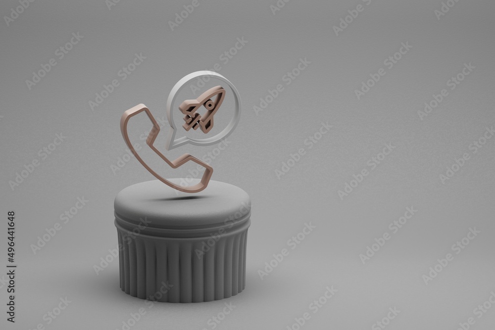 Aufkleber Beautiful abstract illustrations Phone with messenger  rocket  symbol icons on a beton column and wonderful background. 3d rendering illustration. Background pattern for design. Seo And Business.