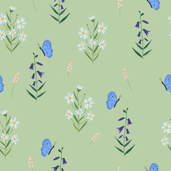 Seamless flower pattern. Bright floral background with blossoms and blooms print. Colored flat vector illustration for textile. Repeating texture design.