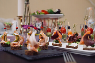 Delicacies and snacks at the buffet or banquet. Catering.