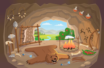  Stone age. Cozy ancient man's cave interior with bear carpet, fire, weapon, necklace from bones, cave drawings. Animal skin on a frame for drying. Set tools of prehistoric man.