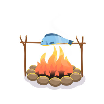 Vector cartoon illustration of burning bonfire with fish.Cartoon style.