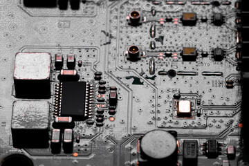 Close up of components and microchips on PC circuit board.