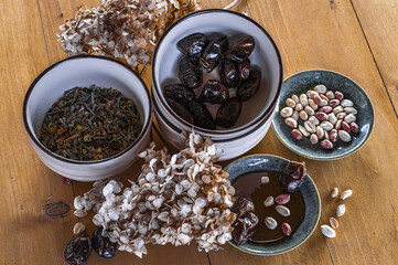 food set, dried fruits, nuts, honey, dates, tea, dried fruits