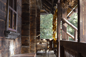 The porch of an old house, which is located in the forest. Veranda of an old wooden house.