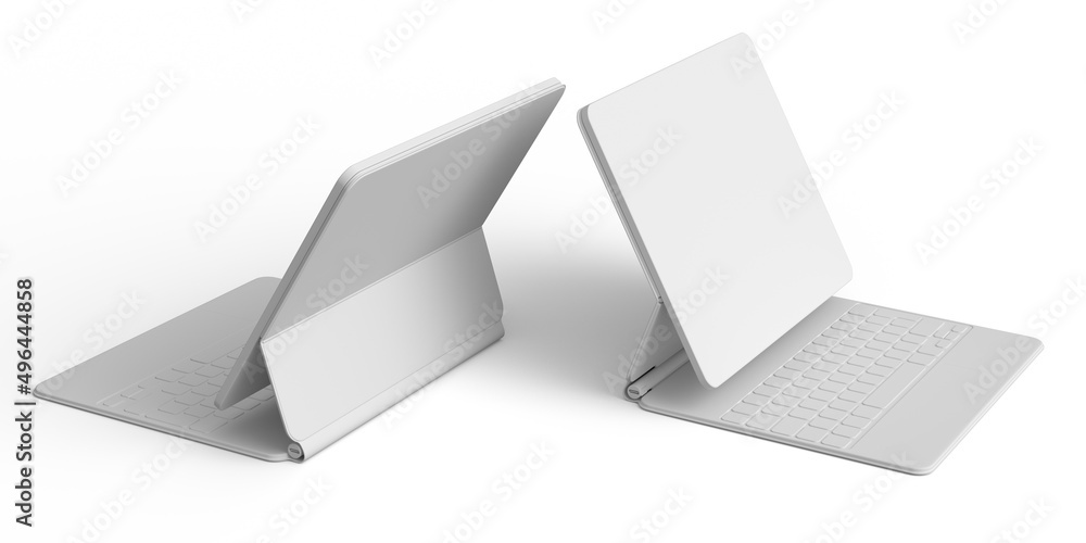 Poster set of computer tablet with keyboard and blank screen isolated on white.