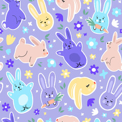 seamless vector pattern of cute drawn bunnies and flowers. tender flat illustration for baby clothes, postcards, wrapping paper, wallpaper...
