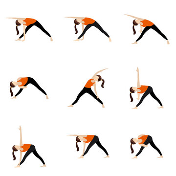 Standing cross legged side lean yoga asanas set / Illustration