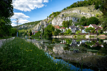Fototapeta na wymiar Idyllic view of the village of Markt Essing in Bavaria, Germany in the Altmühltal on a sunny day in spring