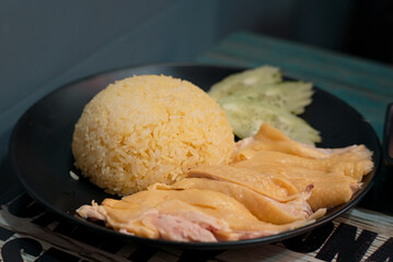 Hainanese Chicken Rice close-up shot in a restaurant