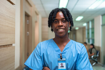 Portrait of  young student doctor working in a hospital. African American Healthcare Professionals. Portrait Of Smiling. Doctor  With Stethoscope In Hospital Office.