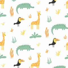 Fototapeta premium Childish seamless pattern with jungle animals. Hand-drawn cute pattern with crocodile, toucan and giraffe. Safari pattern.Vector illustration.