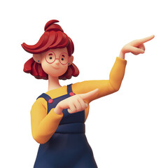 Portrait of excited smiling positive funny casual redhead girl in glasses wearing blue overalls, yellow t-shirt pointing her finger showing you way. Minimal style. 3d render isolated on white backdrop © roman3d