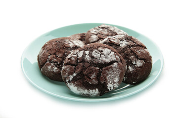 Dark Chocolate chip cookies on plate isolated on white background. Delicious Cookie Macro