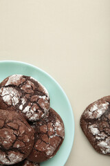 Dark Chocolate chip cookies on plate on grey background. Delicious Cookie Macro