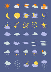 Weather icons set. Collection of sky elements. Flat design.
