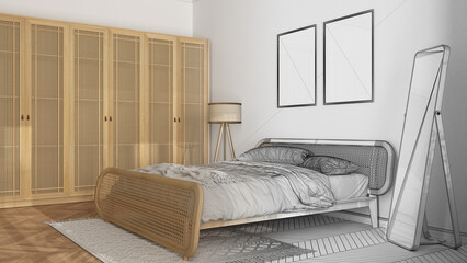 Architect interior designer concept: hand-drawn draft unfinished project that becomes real, frame mockup template, bedroom with rattan furniture, bed with duvet and pillows, wardrobe