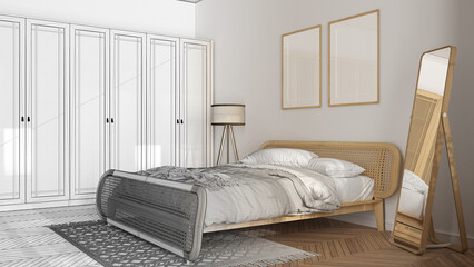 Architect interior designer concept: hand-drawn draft unfinished project that becomes real, frame mockup template, bedroom with rattan furniture, bed with duvet and pillows, wardrobe