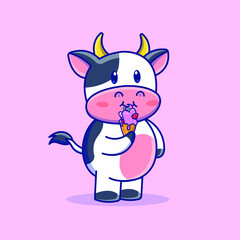 Cute cartoon cow with ice cream in vector illustration. Isolated animal vector. Flat cartoon style