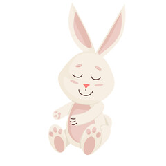 Rabbit Sitting. Cute Bunny. Happy Easter Day, Cartoon Character Design. Illustration Isolated on White Background.