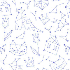 Cute Constellation Dinosaur Cat Tulip Tiny house Crown Bird vector seamless pattern. Childish celestial sweet dreams galaxy background. Pyjamas party colouring page surface design.