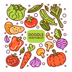 A set of doodle elements vegetableswith leaves. Diet, healthy food, vegetarianism, vegan. Restaurant menu.