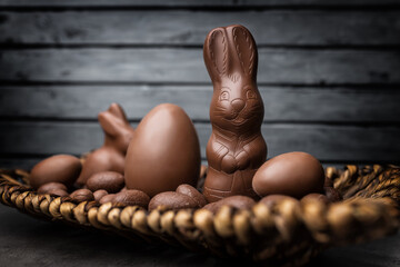 Delicious Easter chocolate bunny, eggs and sweets