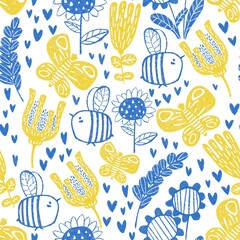 Seamless pattern. Coat of arms of Ukraine, pigeon, rainbow, sunflower, heart, peace to Ukraine. Support for Ukraine. Stop the war! Stand with Ukraine - 496448826