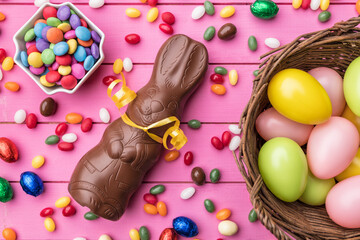 Delicious Easter chocolate bunny, eggs and sweets