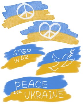 Hand draw yellow blue heart as a symbol of Ukrainian flag isolated on white background. Ukraine flag with peace sign and "stop war" lettering. Peace symbols in Ukraine colors concept. Support Ukraine