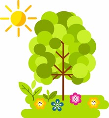 Vector Illustration Summer Young Tree with Green Leaves. Summer season concept in flat style.
