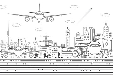 Airport illustration. The plane is on the runway. Aviation transportation infrastructure. Airplane fly, people get on the plane. Modern city at white background, black outline, vector design art