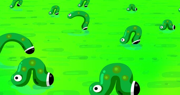 Cartoon green worm herd loop with green ground background. Cute character animals walking from right to left. Greeen and dots. They are a nice society of baby insects. Business metaphor.