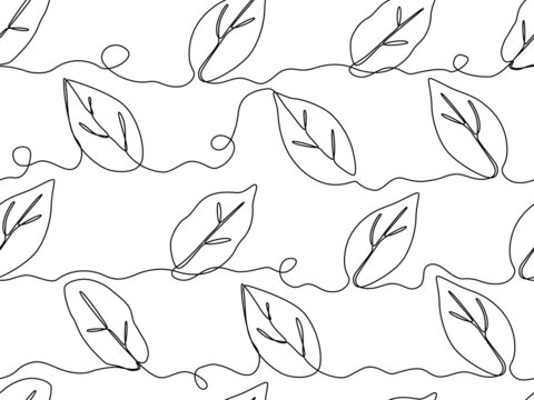 one line continuous drawing of botanical tree leaf in seamless pattern