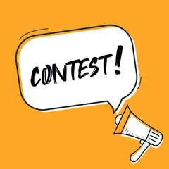 Male hand holding megaphone with contest speech bubble. Loudspeaker. Banner for business, marketing and advertising. Vector illustration