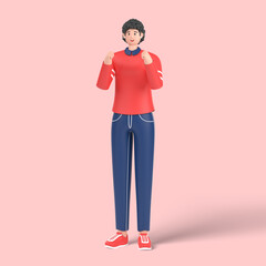 3d female character Winning gesture, expressing positive emotion. Successful smiling, showing strength with fists