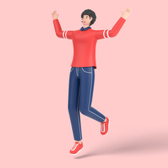3d female character jumping and celebrates success