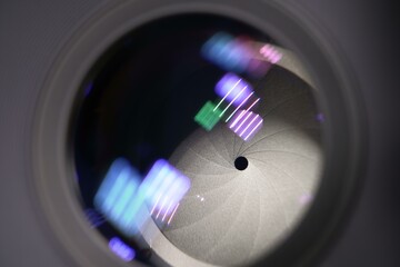 Closeup of professional 4K television zoom lens in news studio
